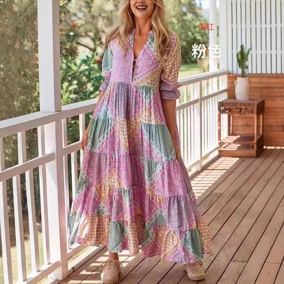 Dame Boho-inspireret bomuldsmaxikjole med flæse detaljer Stilla