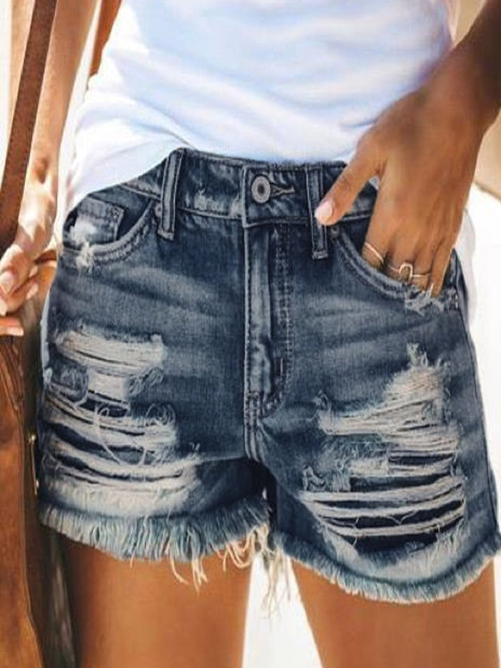 Dame Destroyed Denim Shorts i moderne look med frynser Skovae