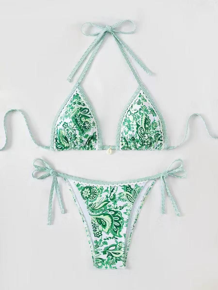 Dame triangelbikini med blomstermønster og justerbare bindebånd Skovae
