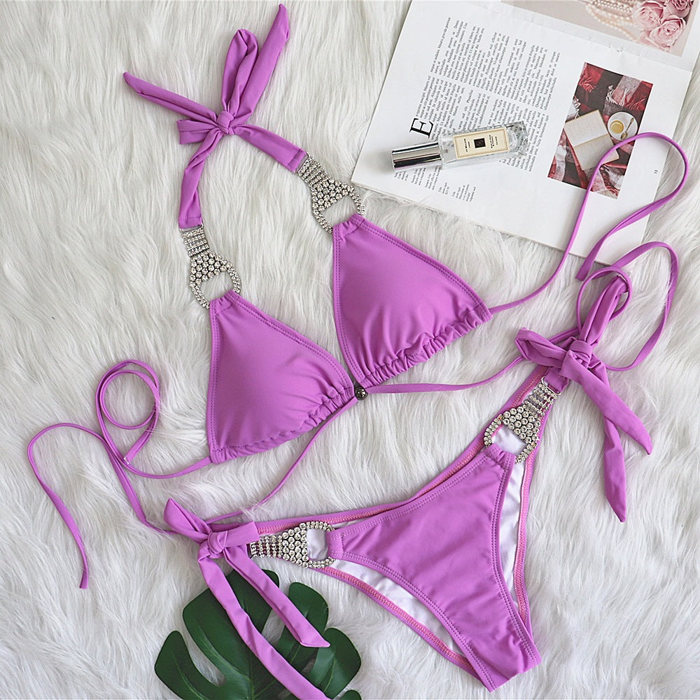 Dame Chic Strass-detail Triangle Bikini Sæt Stilla