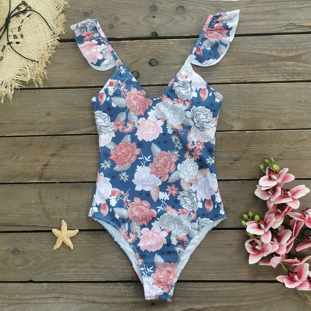 Dame Én-delt Badetøj med feminine Flædedetaljer og blomsterdesign Stilla