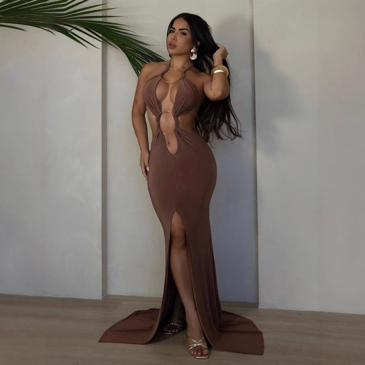 Ladies excitierende maxi kjole med dyb V-hals og elegante samlingselementer