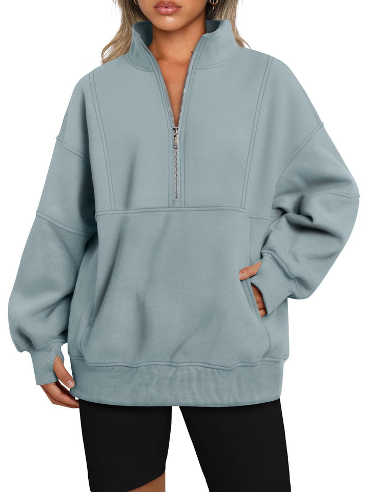 Dame Sporty Hoodie med halvdelen lynlås og voluminøse ærmer Stilla