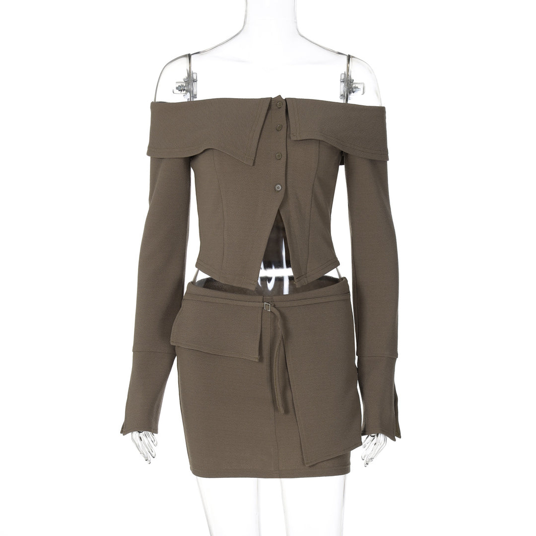 Dame Off-Shoulder Top og Dinnerrock Sæt med asymmetrisk Design og Knapdetaljer Stilla