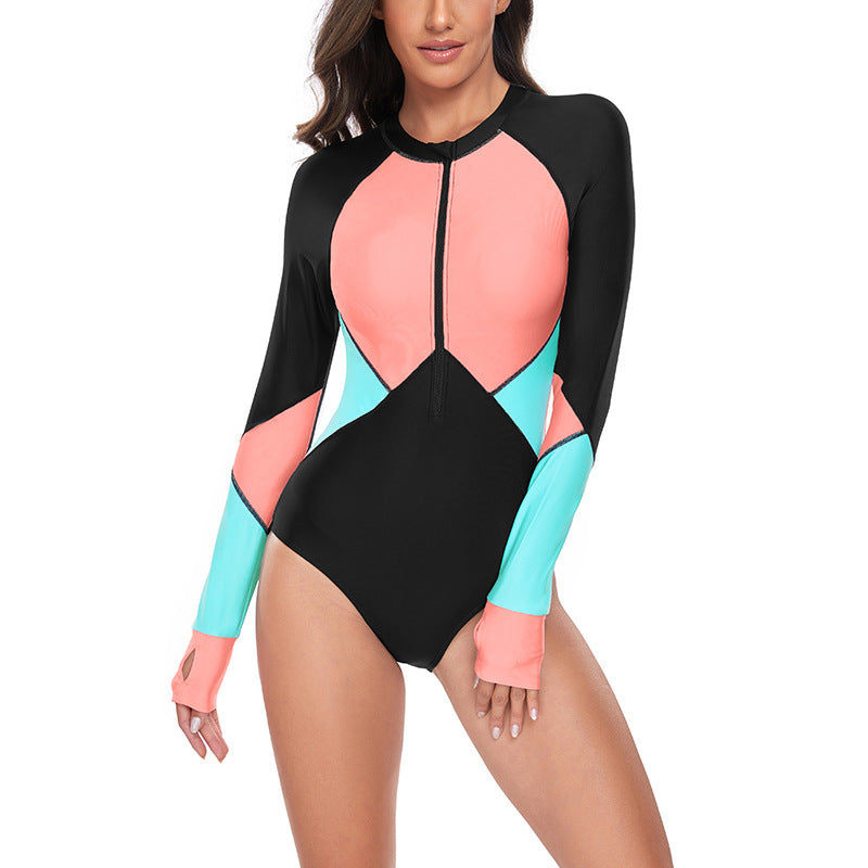 Dame Langærmet Surfdragt med Lynlås og Farverigt Design Stilla
