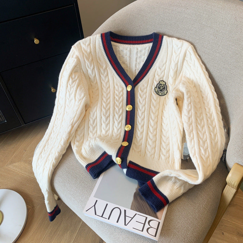 Kvinders chunky strik cardigan med dekorationsknapper og sporty stribemønster Stilla