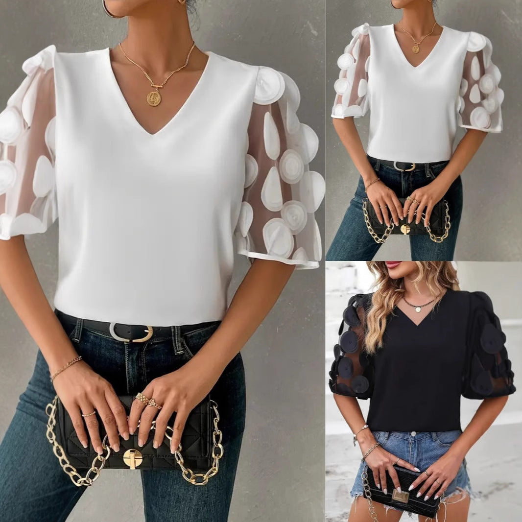 Dame Elegant overdel med gennemsigtige pufærmer og V-udskæring Stilla