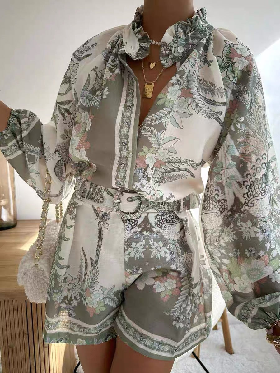 Dame bluse sæt med blomstrede design og løs pasform Skovae