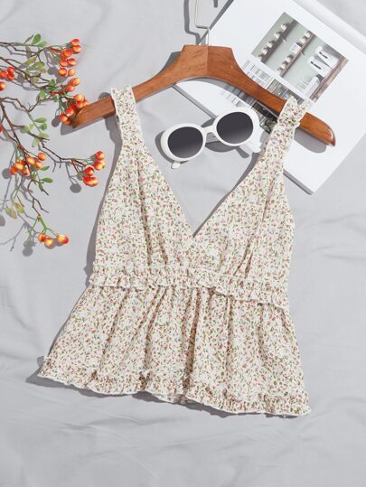 Dame bluse top med blomster rynket kant og V-hals Stilla