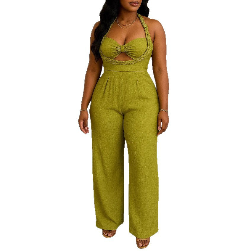 Dame nan skræddersyet halterneck jumpsuit med flettede stropper, knyttet bustier og bred bukseben Skovae