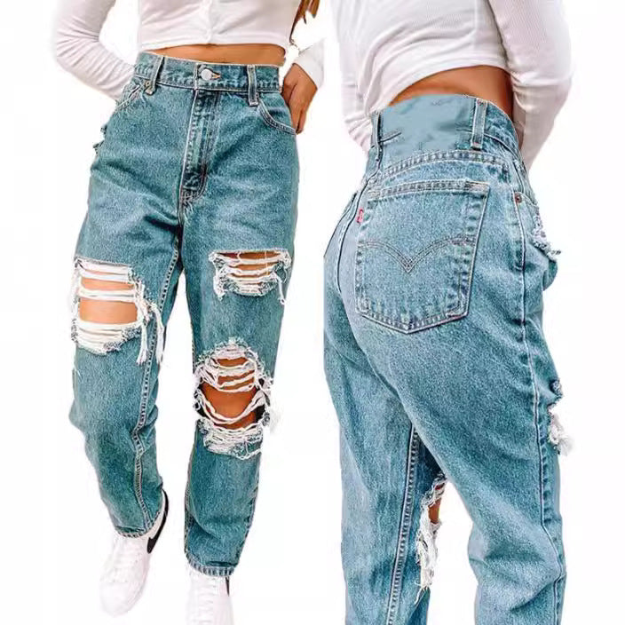Dame Vintage Høj Talje Destroyed Jeans med frynset Detaljer Skovae