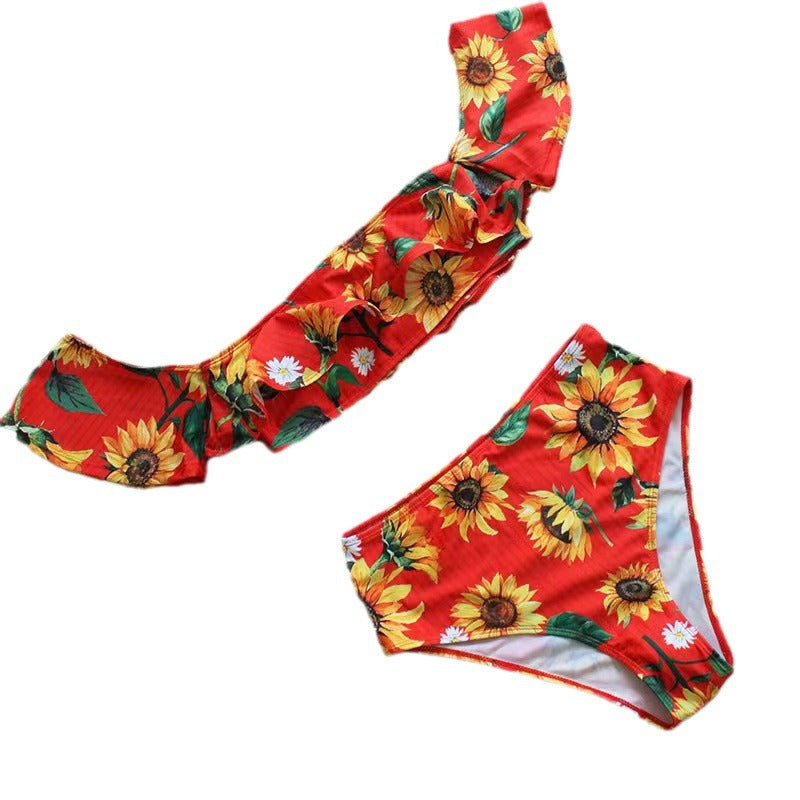 Dame bikini sæt med floralt ruffle-design og høj talje trusser Skovae