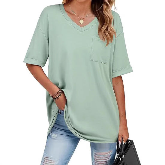 Dame V-hals T-shirt med praktisk brystlomme Stilla