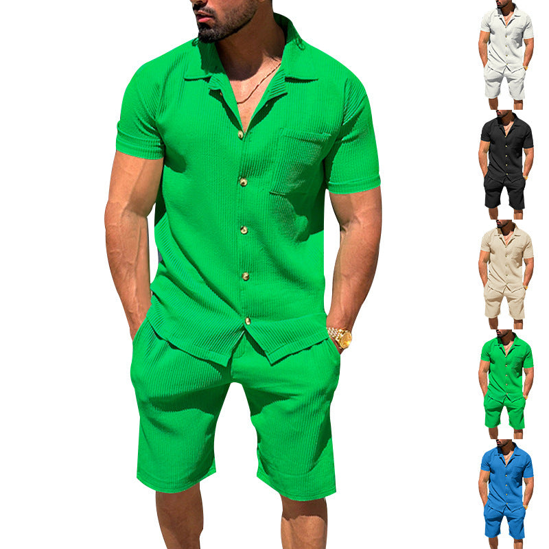 Herre casual to-delt fritids sæt lavet af ribbet jersey med skjortekrave, knaplukning og shorts Skovae