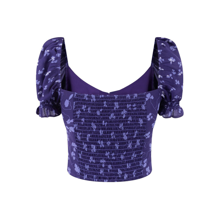 Dame crop-top med flæsedetaljer og blomsterprint Stilla
