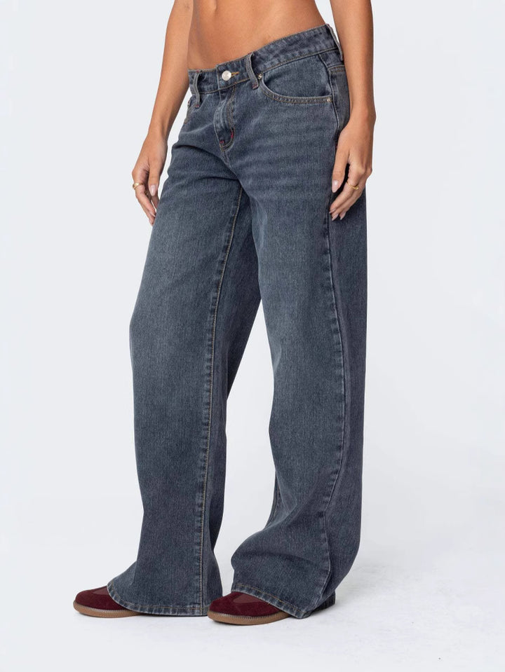 Dame bred Denim-bukser med frynset kant og høj talje Stilla