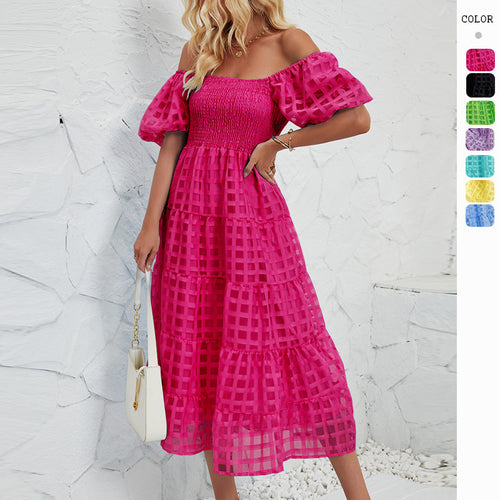 Dame midi kjoler med puffærmer og elastisk bælte Skovae