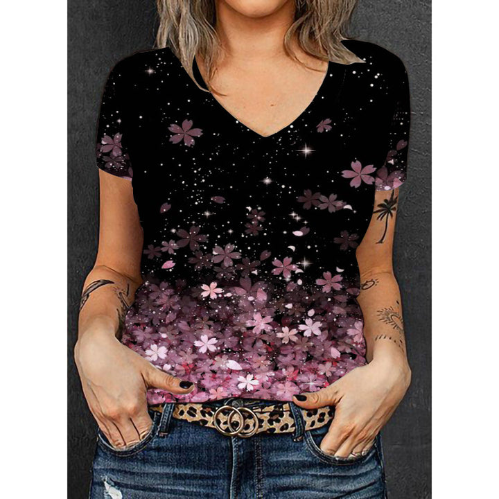 Dame V-hals T-shirt med floralt overblendedesign Skovae