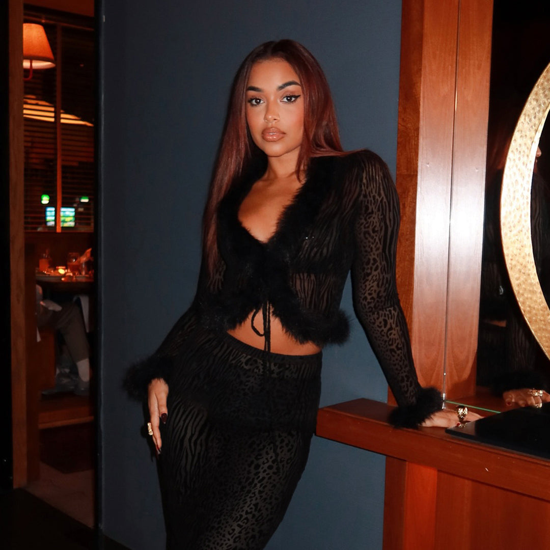 Damen eleganter Rock mit Tiermuster und luxuriösem Fellsaum Skovae