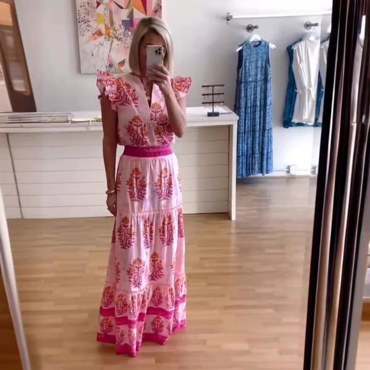 Dame Maxikjole med blomsterdesign og flæsedetaljer Stilla