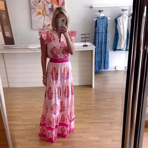 Dame Maxikjole med blomsterdesign og flæsedetaljer Stilla