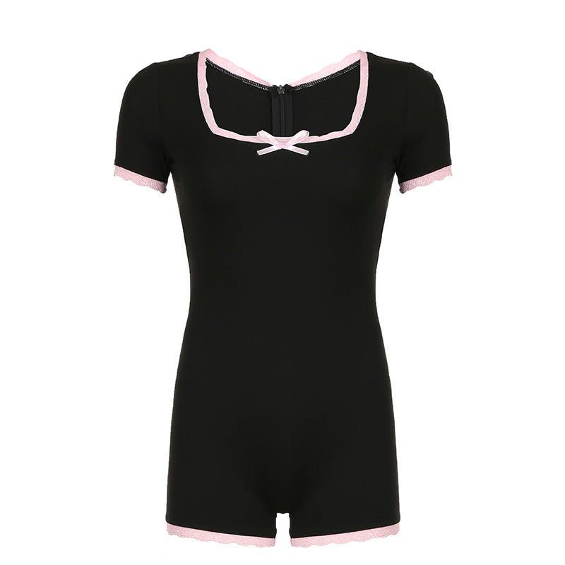 Damen elegante Schlafanzug-Jumpsuit mit Spitzenakzenten Skovae