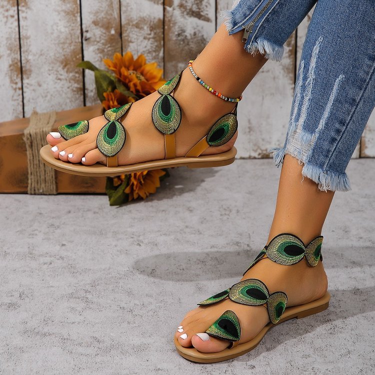 Dame Komfortable Sandaler med unikt Påfuglefjer-Design Stilla