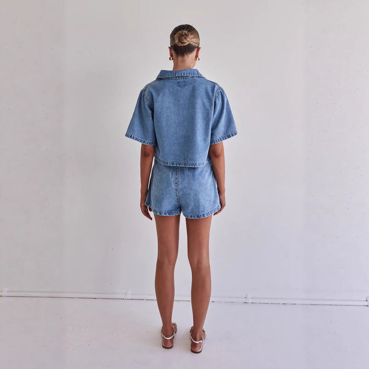 Dame Denim-kortjakke med matchende nederdel i afslappet stil Skovae