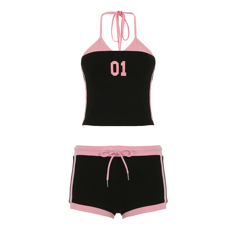 Dame sporty Crop-Top og shorts sæt med dekorerende bånd Skovae