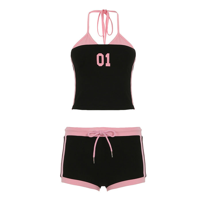 Dame sporty Crop-Top og shorts sæt med dekorerende bånd Skovae