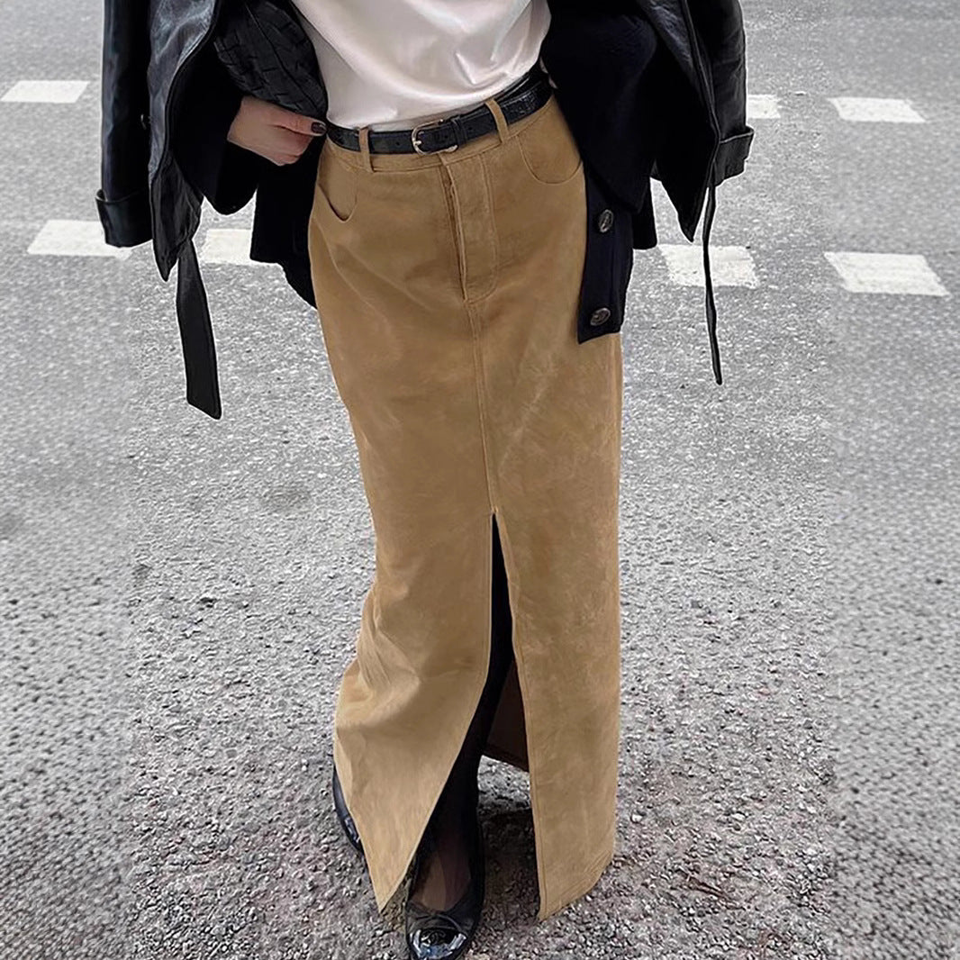 Dame elegant Maxiskørt med høj slids lavet af blødt kunstlæder Stilla