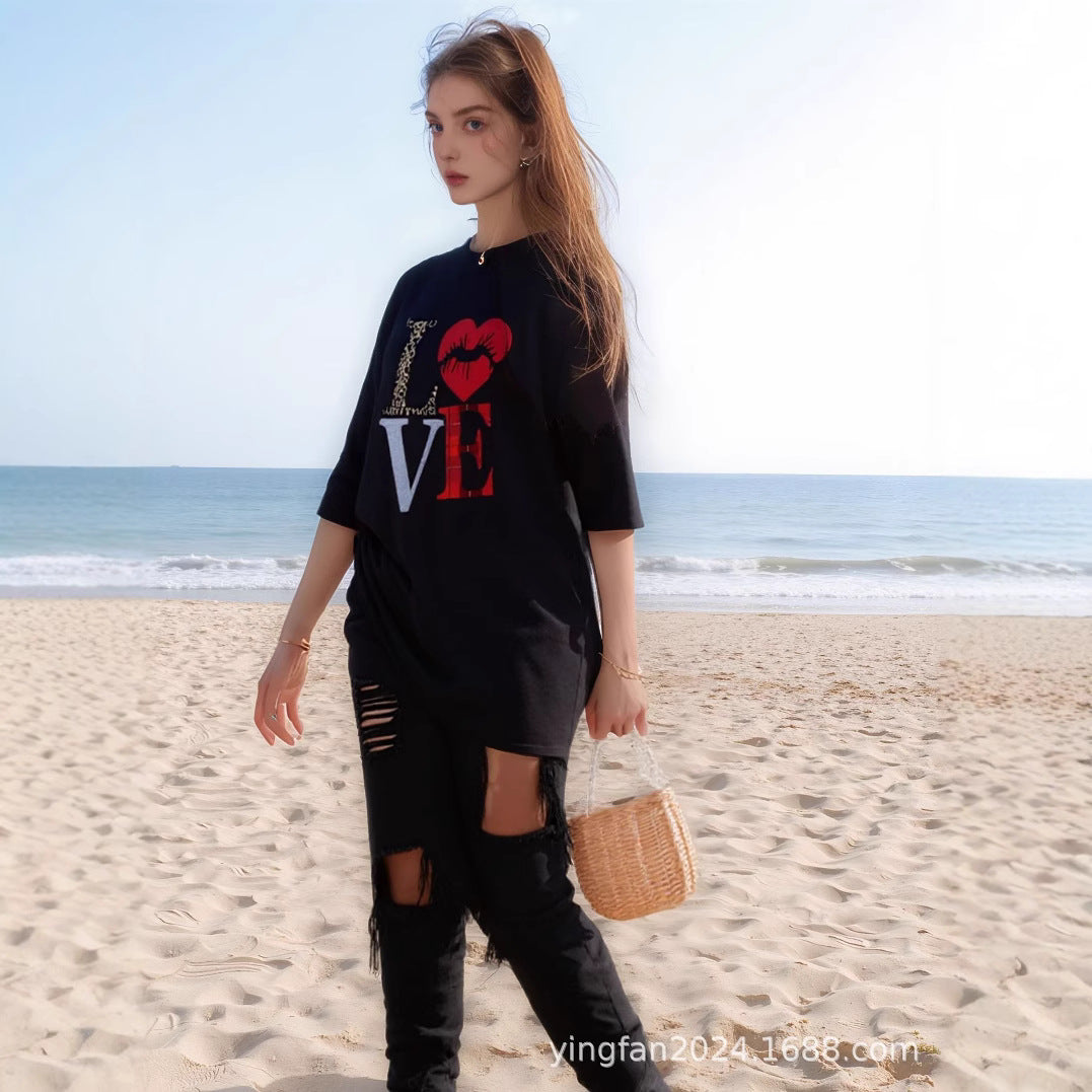 Dame Grafik Kærlighed Tryk Oversized T-Shirt Stilla