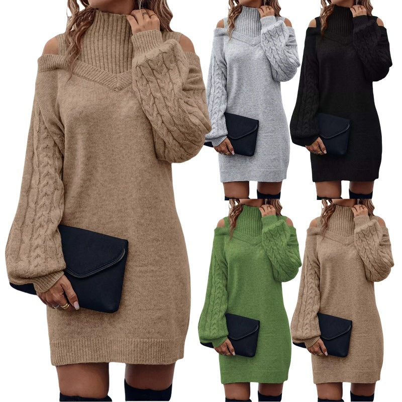 Kvindernes strik kjole med asymmetrisk off-shoulder design og voluminøse ærmer Stilla
