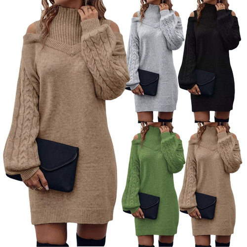 Kvindernes strik kjole med asymmetrisk off-shoulder design og voluminøse ærmer Stilla