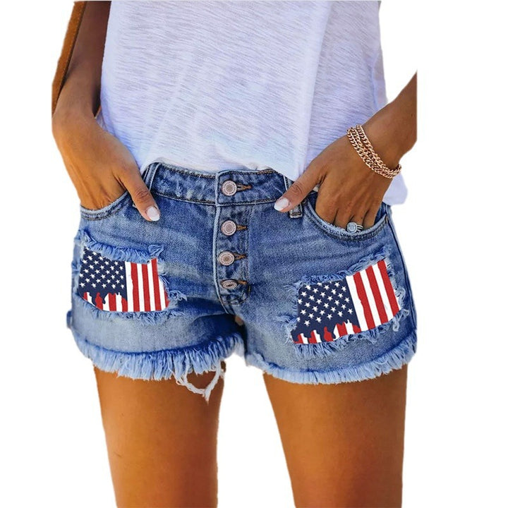 Dame jeans shorts med vintage frynser og patriotiske applikationer Skovae