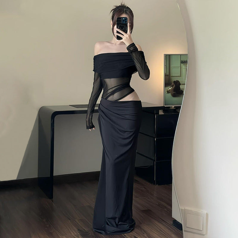 Dame Off-Shoulder Langærmet Kjole med figursyet snit og raffinerede draperinger Stilla