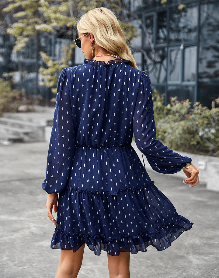 Stilla | Afslappet V-hals Polka Dot Langærmet Mini Kjole