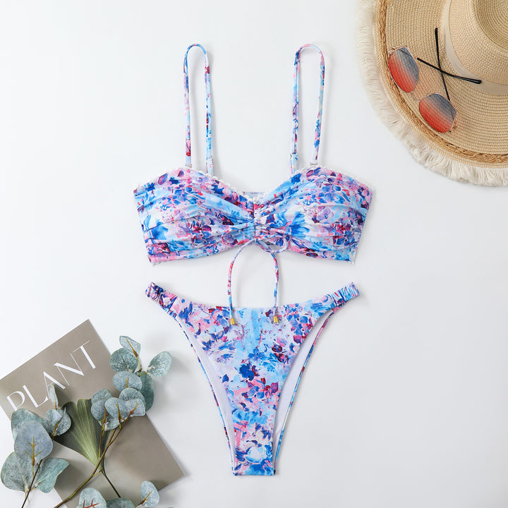 Dame-Bikini-sæt med rynkning og romantisk blomsterdesign Skovae
