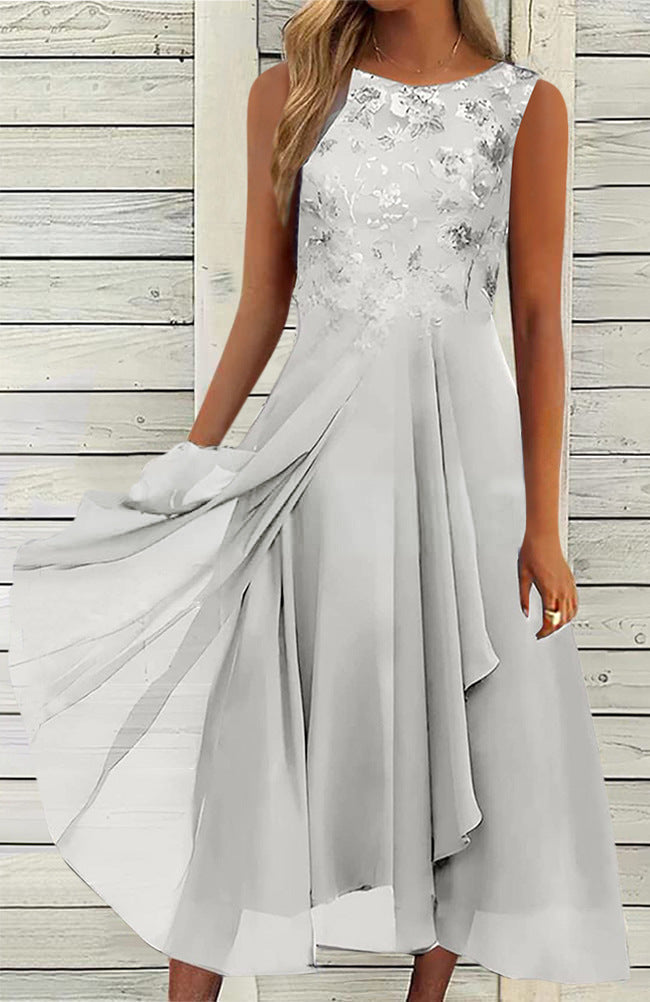 Dame uden ærmer chiffon midi kjole med broderet brystparti og asymmetrisk lag nederdel Skovae
