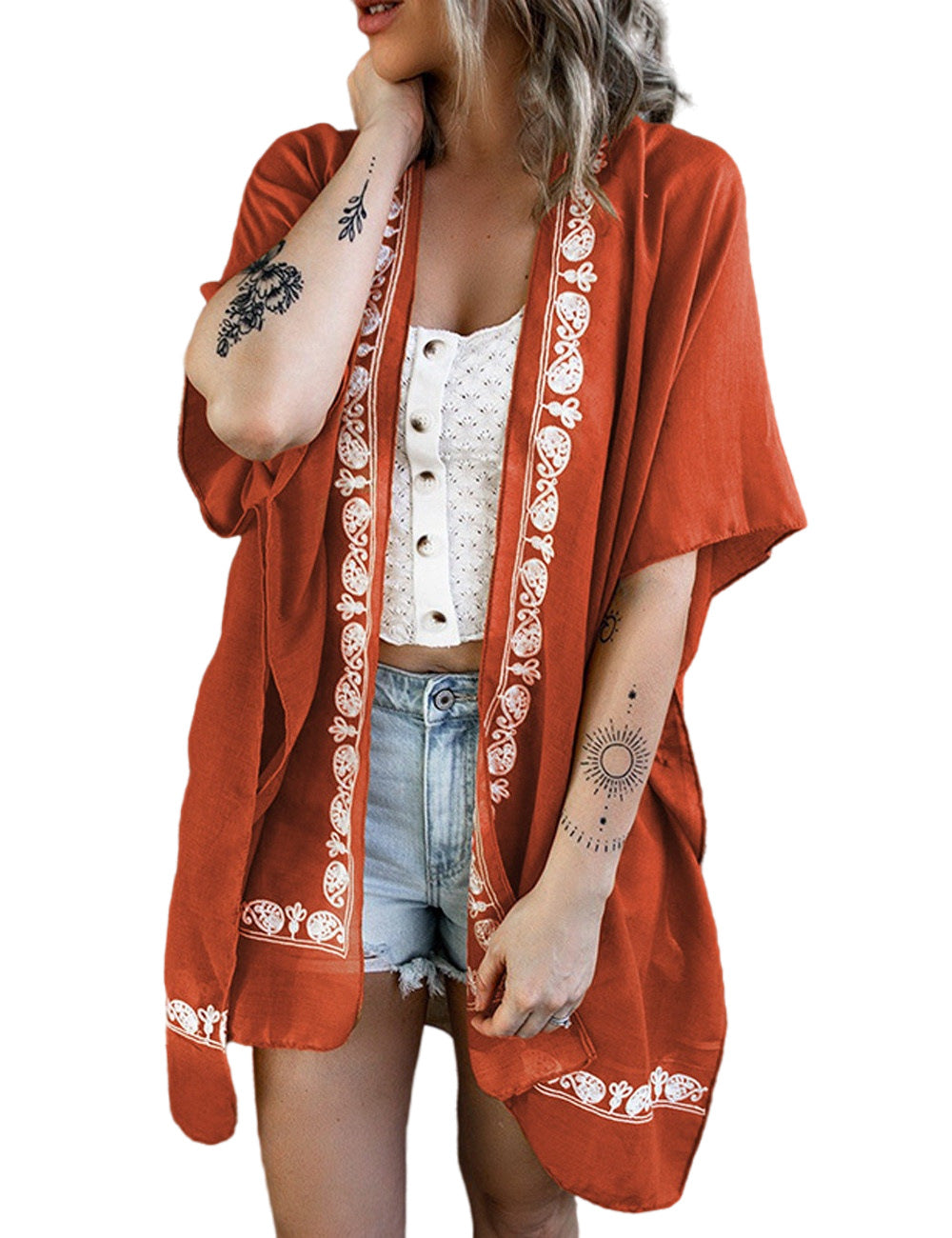 Dame Trendy Kimono-lignende Bluse med blomsteragtig blondebesætning Stilla