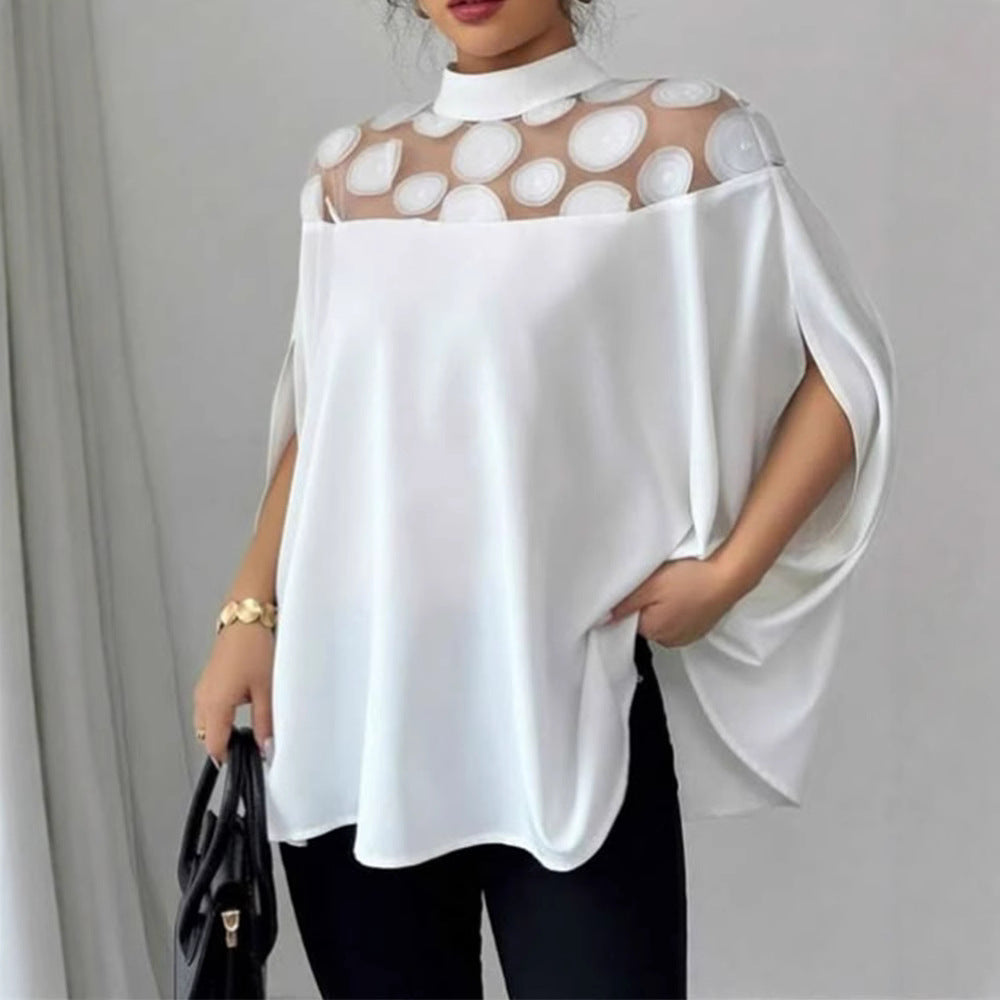 Dame nan elegant tunika-bluse med høj krave, gennemsigtig rund-applikationspasse og cape-ærmer Skovae