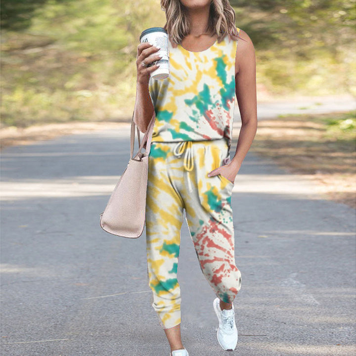 Dame Casual Jumpsuit med ærmeløs design og moderne batikmønster Stilla