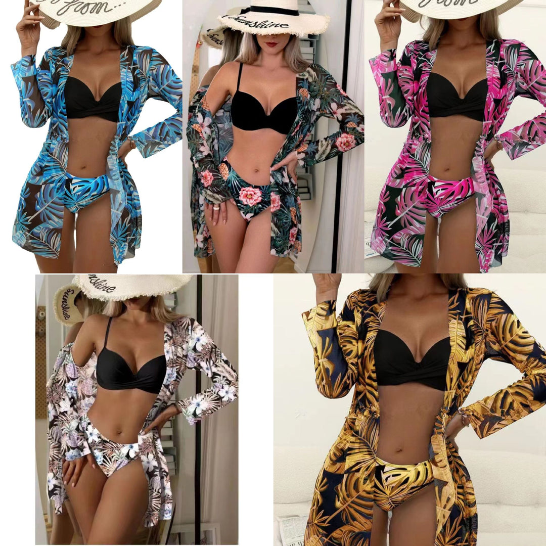 Dame Strand-Bikini med florale udsmykninger og elegant kimono Skovae