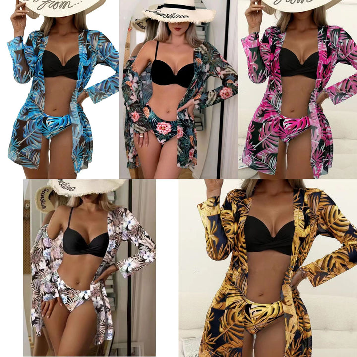Dame Strand-Bikini med florale udsmykninger og elegant kimono Skovae