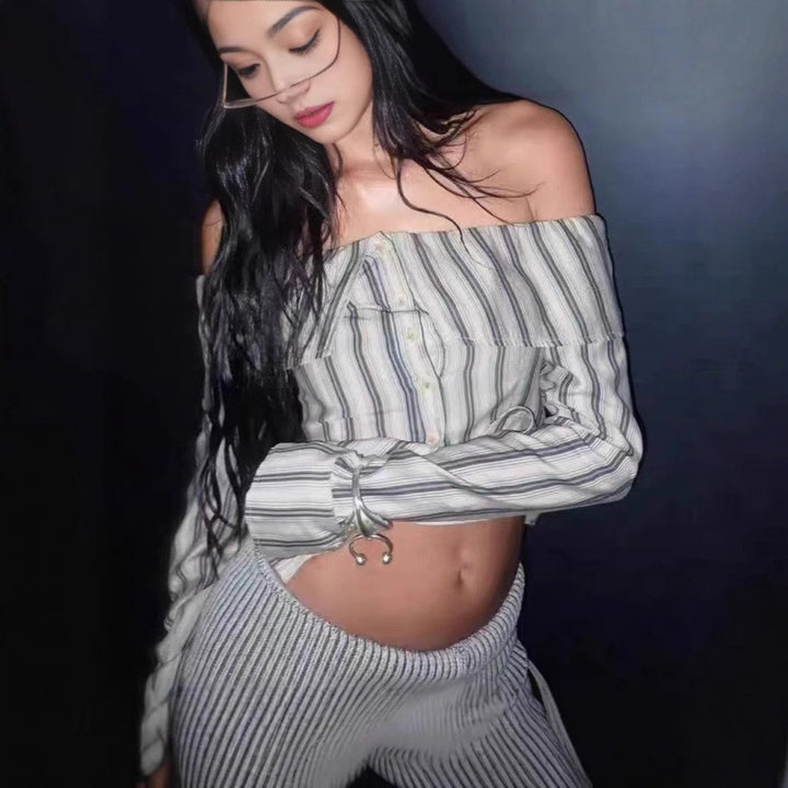 Dame Off-Shoulder stribet bluse med knapdetaljer Stilla