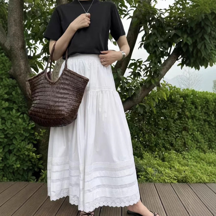 Dame Maxi-nederdel med elegant Broderie Anglaise og flydende snit Stilla
