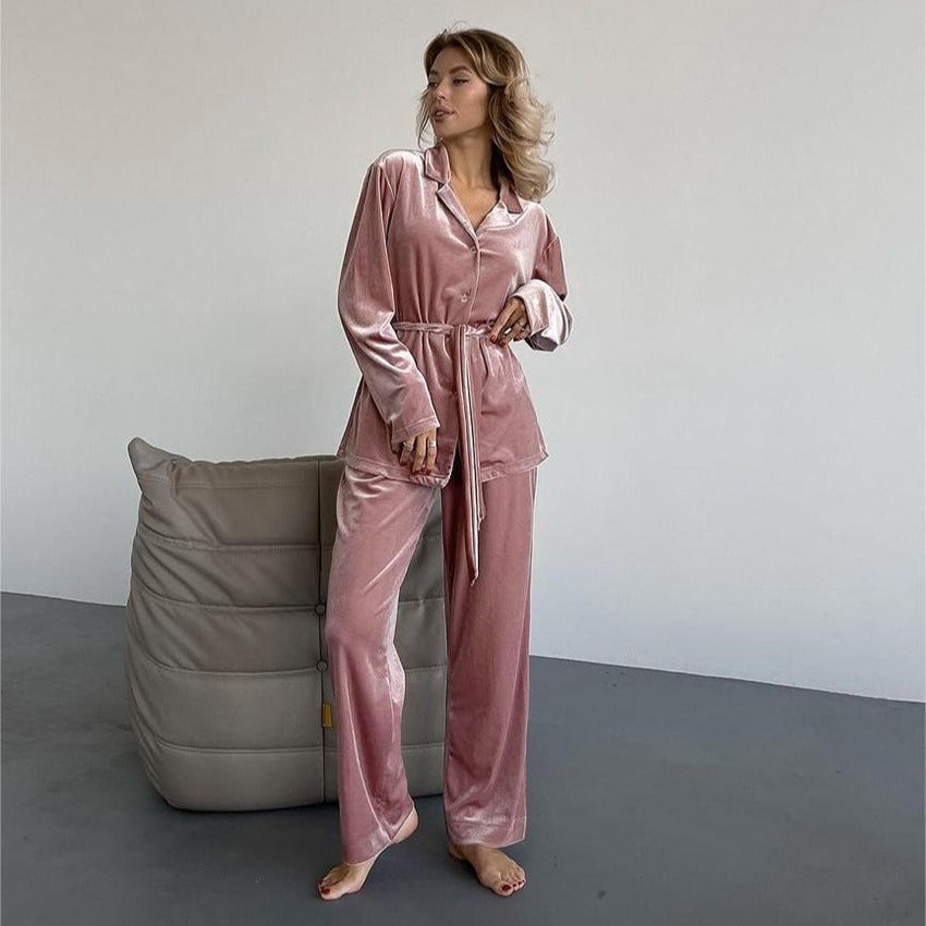 Dame Luksuriøs Velour-Loungewear-Sæt med Bælte og Langærmet Bluse Stilla