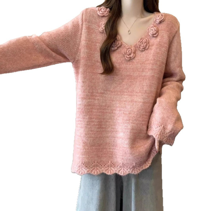 Kvinders store strikket sweater med blomsterapplikationer Stilla