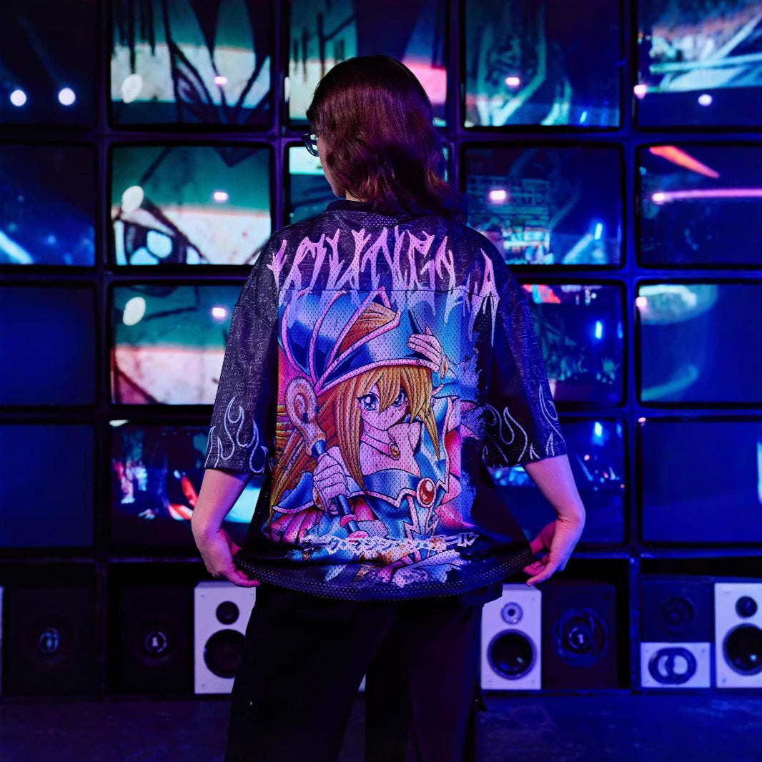 Unisex nan åndbart net-jersy med stort anime-print og V-udskæring Skovae