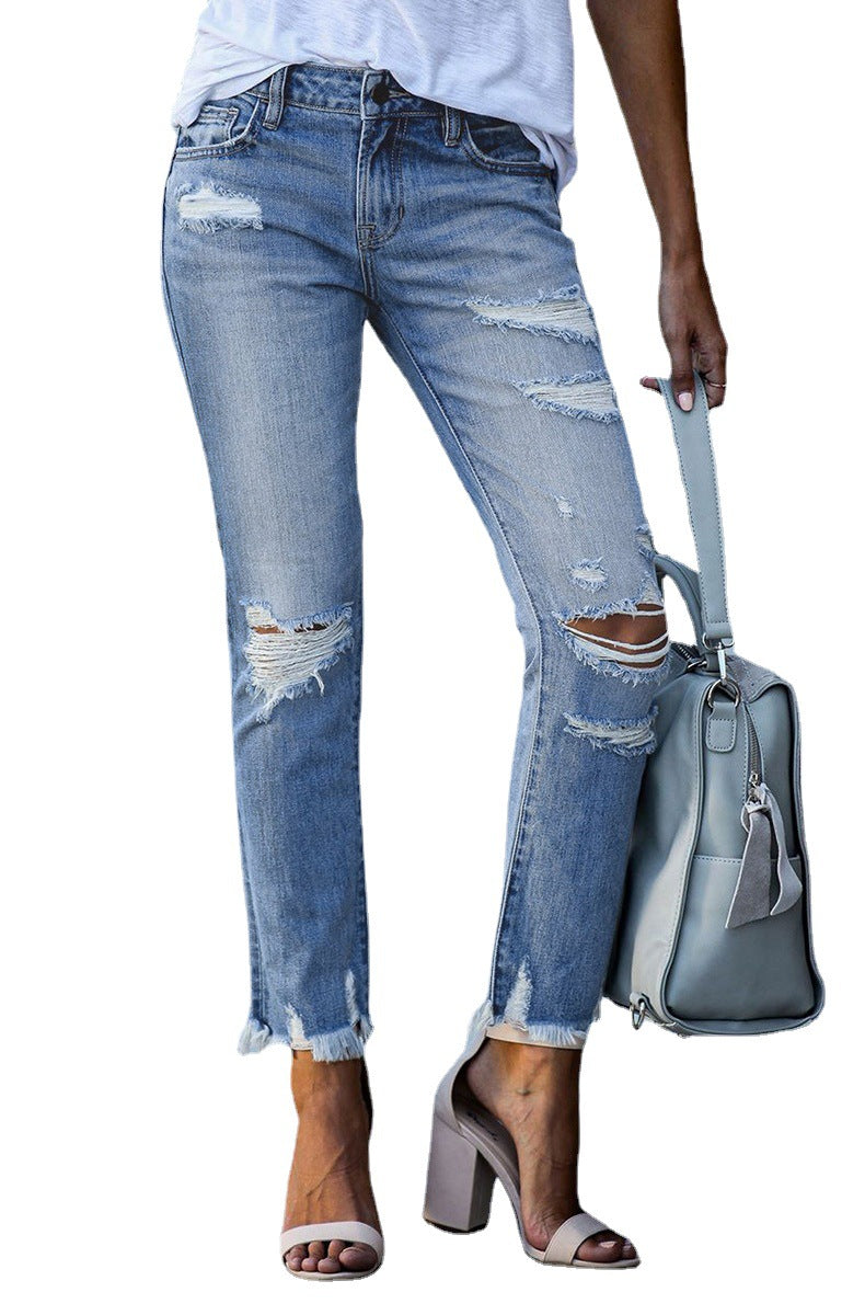Dame Destroyed Jeans i afslappet Boyfriend-stil med frynset sømme Stilla